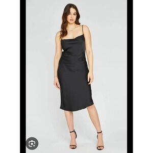 Gentle Fawn Black Midi Slip Dress Spaghetti Strap‎ Cowl Neck Satin